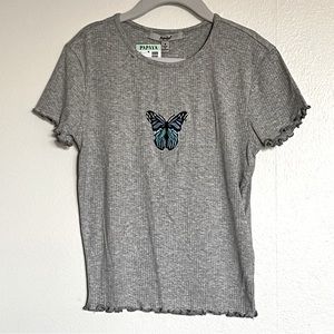 PAPAYA Butterfly Embroidered Ribbed Lettuce Hem Crop Top - Grey